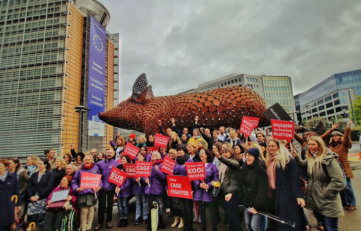 supporters and employees of CIWF, along with other NGOs and politicians celebrate the end of the ECI with a giant metal sculpture of a pig in front of the EU Commission