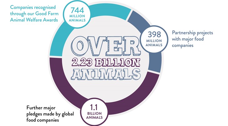 Pie chart showing over 2 billion animals set to benefit from pledges, awards, and partnership projects