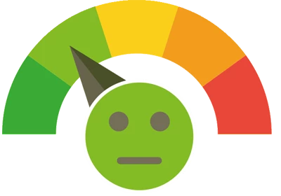 Temperature gauge showing dark green to dark red, indicator is on light green, with a face that is neither happy nor sad.