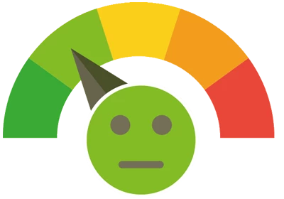 Temperature gauge showing dark green to dark red, indicator is on light green, with a face that is neither happy nor sad.