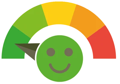Temperature gauge showing dark green to dark red, indicator is on light green, with a face that is neither happy nor sad.