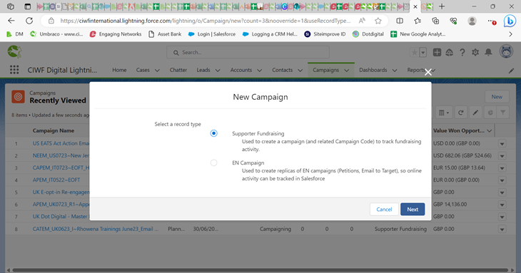 Select supporter fundraising appeal code type in slaes force